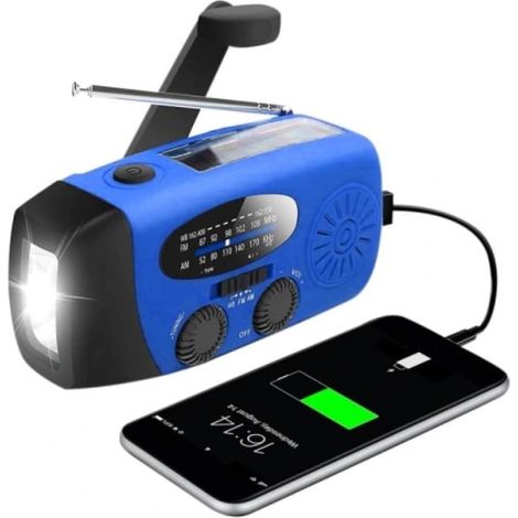Radio à manivelle avec cellules solaires/lampe torche, batterie externe 2000 mAh, bleue
