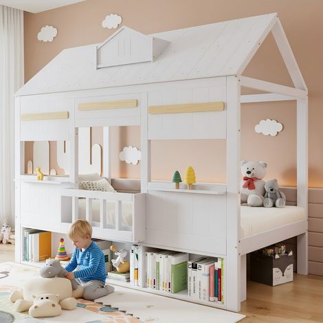 Hochbett 90 x 200 cm – Kinder-Hochbett im Haus-Design mit integriertem Bücherregal, inklusive Lattenrost – Weiß (1/5)