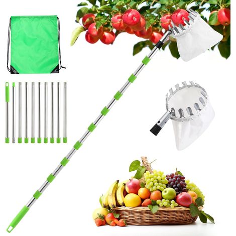 m Teleskop-Obstpflücker mit 10 abnehmbaren Stangen, Apfelpflückwerkzeug Abnehmbarer Obstpflücker, leichte, verstellbare Stange, Baumwollbeutel, für Birnen und Pfirsiche (1/5)