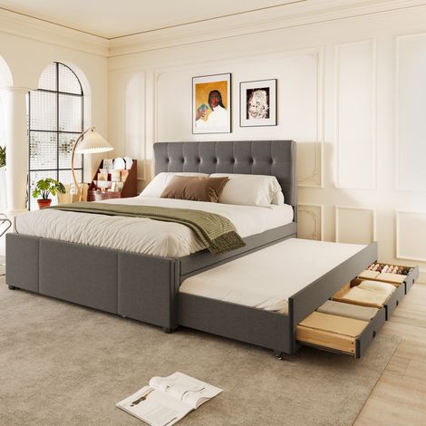 Bett minimalistisch 140x200 cm grau, Leinen, mit verstellbarem Kopfteil, 3 Schubladen und Ausziehbett (1/5)