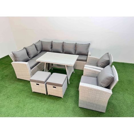Fimous Garden Outdoor Rattan Furniture Set Rattan Corner Sofa Oblong Dining Table with 2 Armchairs 2 Small Footstools Light Grey Mixed 10 Seater (1/5)