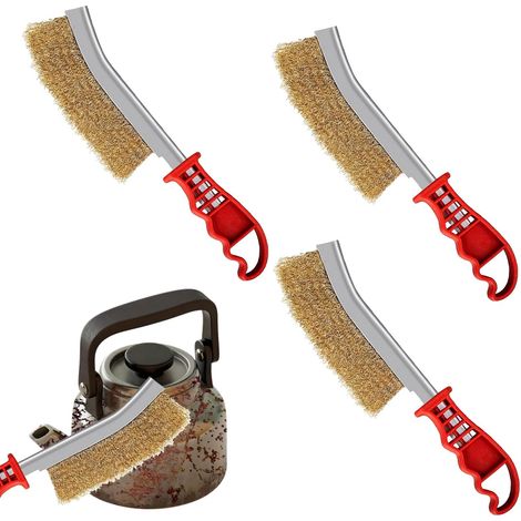 JSSEVN - Set of 3 brass barbecue brushes - Manual wire brush - Stainless steel brush - With curved plastic handle - For cleaning (1/5)