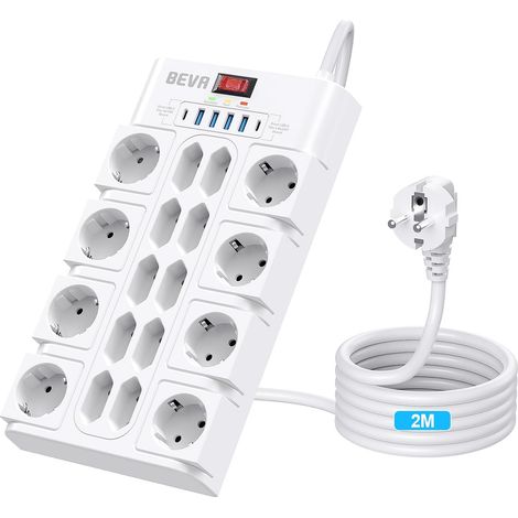 18 Prises Multiprise,2100J Multiprise Parafoudre et Surtension,Blanc 3680W/16A Prise Electrique 4 USB-A +2 USB-C(15W), Prise Multiple avec Terre, Câble 2M (1/5)
