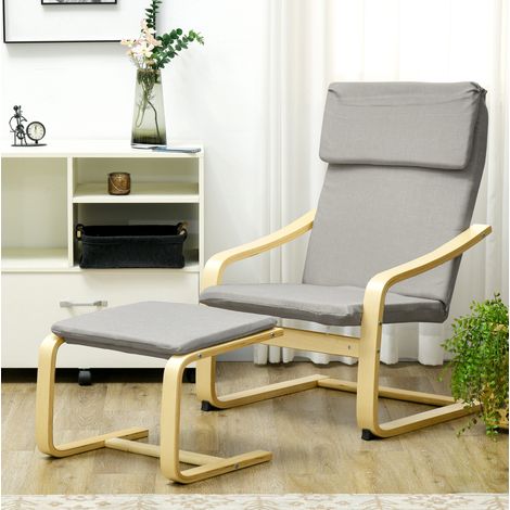 Loungesessel-Set 66,5x80x99 cm hellgrau Leinen mit Hocker, Armlehnen und Kopfstütze (1/5)