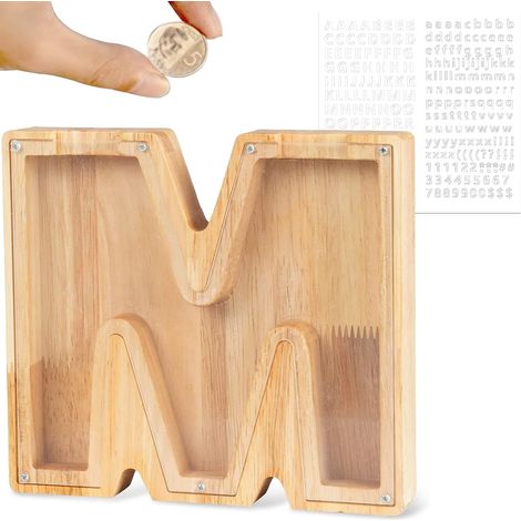 Hucha de madera transparente personalizada con las letras de la A a la Z, tamaño M, ideal para cumpleaños o Navidad.