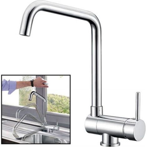 Robinet mitigeur d'évier pliable avec bec pivotant à 360° en acier nickelé brossé. Robinet de cuisine pliable pour évier contre fenêtre. (1/4)