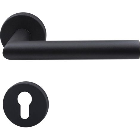 Poignée de porte en forme de L en acier inoxydable noir mat avec rosace ronde PZ pour porte de chambre DIN (1/5)