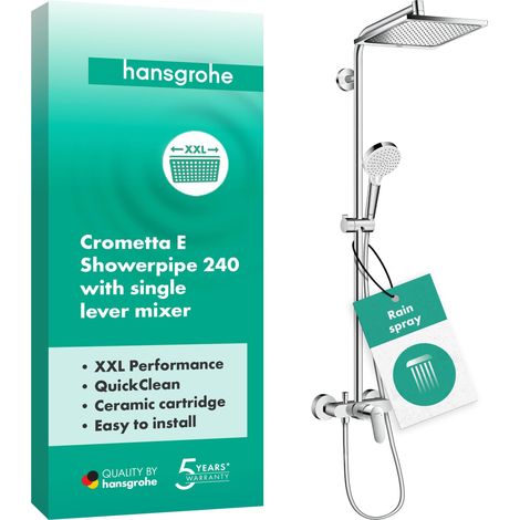 Colonne de douche avec mitigeur mecanique, douche pluie (240 x 240 mm) avec robinet, douchette, support, flexible de douche, barre et douche de tête carrée, Chromé, 27284000 (1/5)