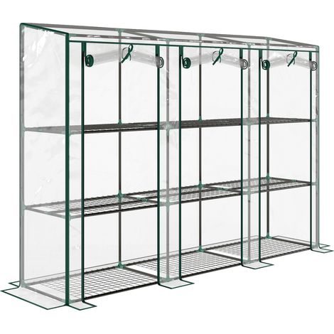 Serre de jardin à 3 niveaux avec étagères, serre de balcon 3 portes zippées enroulables, 215 x 46 x 151 cm, transparente (1/5)