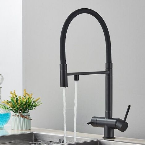 Robinet de Cuisine avec Douchette , Mitigeur Monocommande Robinet Évier de Cuisine Haute Pression avec Aimant Rotatif à 360° en Acier Inoxydable Mat Noir (1/5)