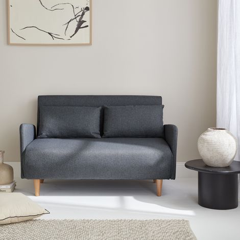 Divano letto clic-clac in tessuto con gambe in legno, 2 posti