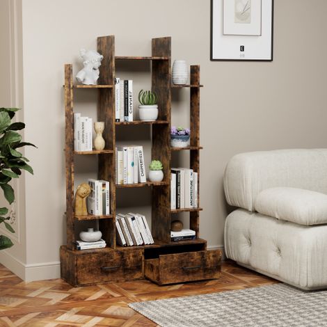 Libreria con 2 cassetti, scaffale a giorno autoportante in stile industriale, libreria vintage aperta, 12 ripiani, libreria per camera da letto, soggiorno, ufficio, marrone rustico (1/5)