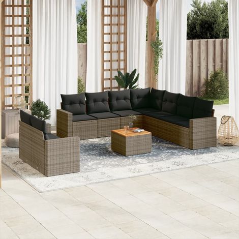 Ensemble Salon de Jardin 10 Pièces Gris Résine Tressée - Table Acacia, Canapés Modulaires avec Coussins (1/3)