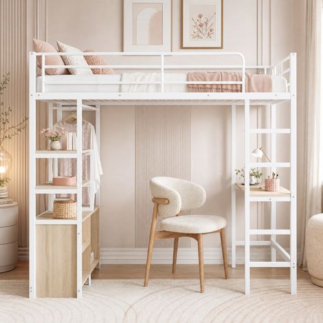 Letto a soppalco per bambini 90x200 cm in metallo bianco, senza materasso