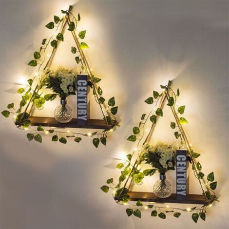 Lot de 2 étagères Suspendues en Macramé Lierre Artificiel Bande LED étagère Flottante Bois Murale Deco Macrame Mural Etagere Murale Enfant Etagere pour Chambre à Coucher Salon (1/5)