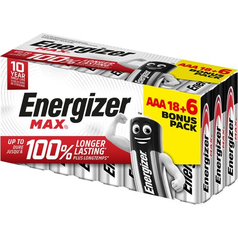 Pilas - Max, Pack de 18+6 Pilas AAA 1,5V, Más Potencia y Larga duración para Uso Cotidiano, sin sulfataciones y mantiene carga 10 años