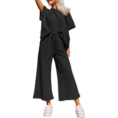 Ensemble femme 2 pièces sweatshirt manches courtes et pantalon, survêtement noir décontracté, tenue sportive été, pull sans manches longues, costume décontracté pour femme, taille unique, confortable. (1/4)