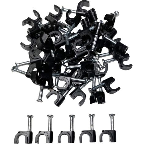 Lot de 100 serre-câbles ronds noirs avec clous solides – Durable et polyvalent – Idéal pour la gestion des câbles intérieur/extérieur, 5 mm (1/5)