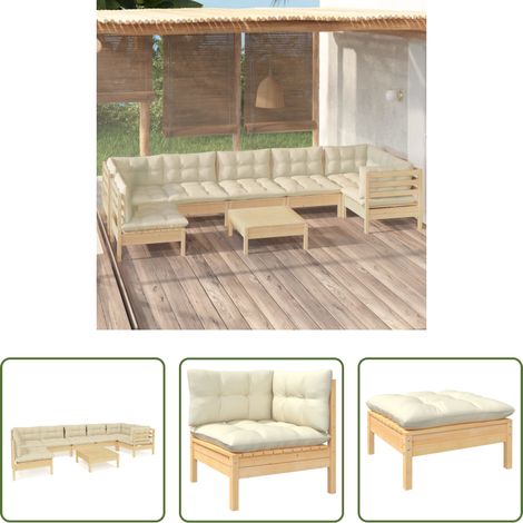 Holzgartenmöbel -  8-tlg. Garten-Lounge-Set mit Creme Kissen Kiefernholz (1/5)