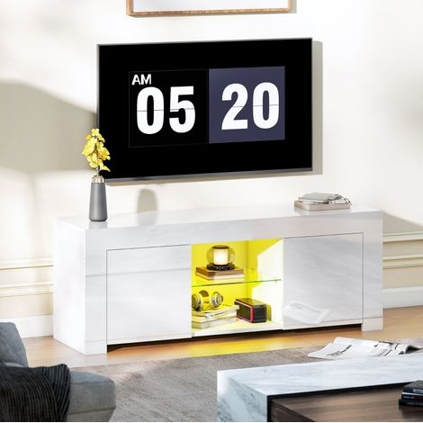 Mueble TV con iluminación LED RGB, 2 puertas, estante de vidrio, 120 x 34 x 45 cm, blanco, OKWISH (1/5)
