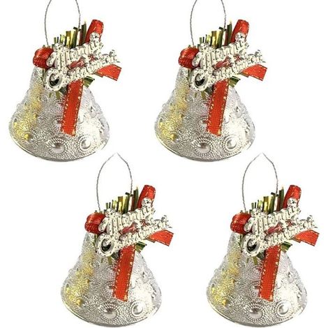 Lot de 4 Mini nœuds de Noël avec Cloches, pour Sapin de Noël, Fournitures de décoration de fête, décoration de la Maison, (Argent) (1/4)