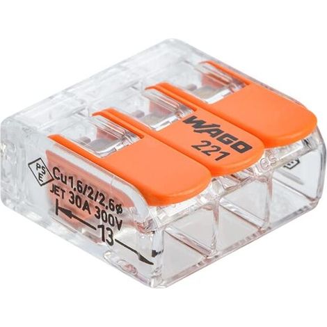 S221 3 MINI BORNES DE CONNEXION RAPIDE 3 ENTRéES FILS SOUPLES ET RIGIDES 0.5 à 6MM2 - 221-613 (1/4)