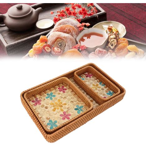 Set aus 3 rechteckigen Obstschalen für Wohnzimmer und Esszimmer. Luxuriöser und vielseitiger Aufbewahrungskorb in Muschelform. Buntes, kleines Blumenmuster. (1/5)