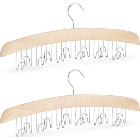 Cintre Porte Ceintures pour 12 Ceintures, Lot de 2, Cravates Foulard Bois 17x43x5 cm, Nature/Argent (1/5)