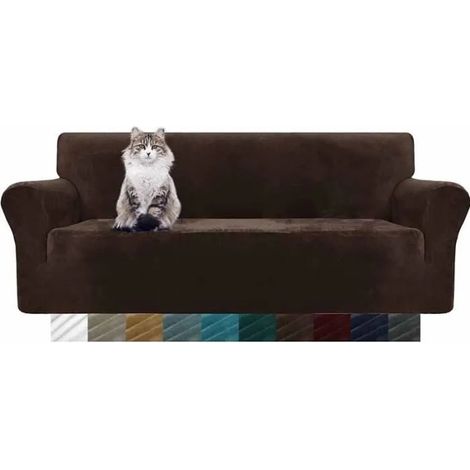 Housse de chaise - FOLAYA - Velours - Extensible - Antidérapante - Café foncé (1/3)