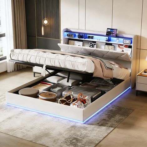 Lit coffre 140x200, lit 140x200 avec sommier, lit adulte, lit double, lit capitonné, éclairage LED et ports USB, design scandinave, lin, beige (1/5)