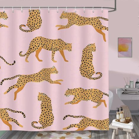 Rideau de douche léopard rose tropical, rideau de bain animalier en polyester anti-moisissure, imperméable et lavable, 180 x 180 cm, avec 12 crochets (1/5)