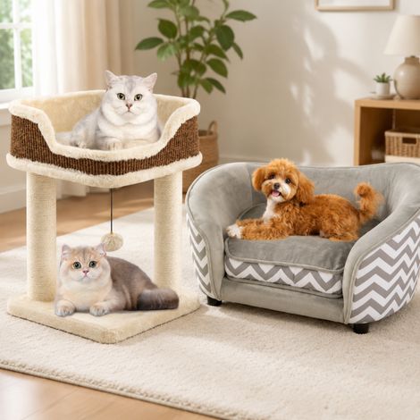 Set «Cozy Cat Comfort» (2 piezas): árbol para gatos de felpa con postes de sisal y sofá-cama de terciopelo para mascotas (1/5)