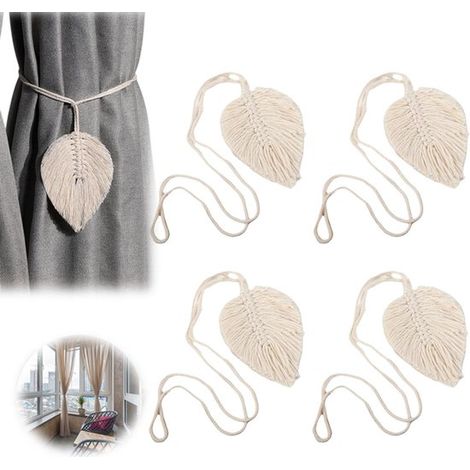 Lot de 4 embrasses de rideaux - Embrasses en macramé - Embrasses en forme de feuille - Embrasses bohèmes - Embrasses décoratives - Décoration beige pour salon et chambre (1/5)
