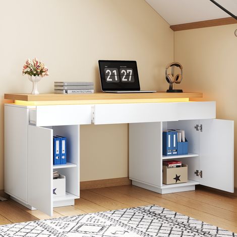 Bureau 140x50cm avec Éclairage LED, Table Informatique avec 3 Tiroirs et 2 Portes, Coiffeuse Blanc et Chêne, Bureau Télétravail avec Rangement (1/5)