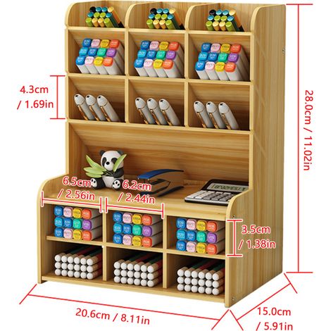Multifunktionaler Schreibtisch-Organizer aus Holz mit 9 schrägen und 6 flachen Fächern. Ideal für Stifte, Schul- und Bürobedarf sowie für den Haushalt. Maße: 20,6 x 15 x 28 cm. Farbe: Braun.