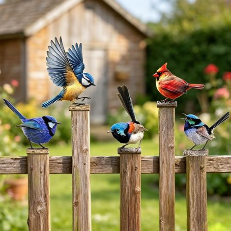 Ensemble d'oiseaux peints JeiibrZui Gartendeko - 20 x 15 x 2 cm - 5 pièces en métal résistant aux intempéries - Coloré pour la décoration de jardin, lande et clôture