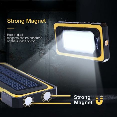 Lampe d'inspection de lampe de travail d'atelier à LED rechargeable pour les excursions en camping et les urgences (USB + chargeur solaire, jaune) [Classe énergétique A+] (1/4)