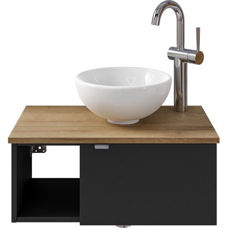Waschbeckenunterschrank 60 cm inkl. Waschbecken in schwarz matt mit Eiche AMADORA-66, Türanschlag rechts (1/5)