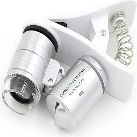 Loupe 60X pour smartphone, mini microscope portable argenté avec lumières LED/UV (1/5)