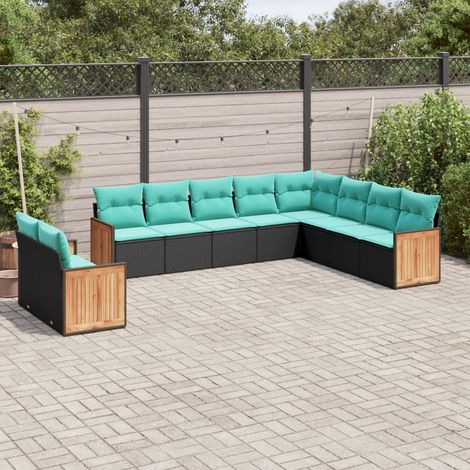 10-teiliges Gartensofa-Set mit Kissen, schwarzes Polyrattan