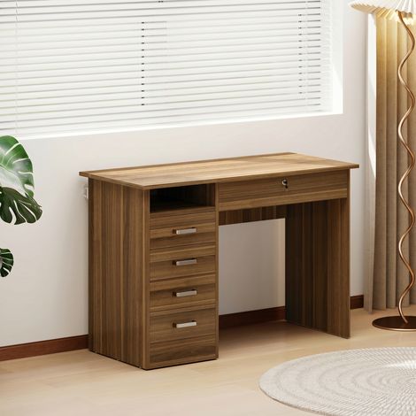 Bureau Informatique avec 5 Tiroirs, 110 x 50 cm, Bureau avec Rangement, Étagère Ouverte, Tiroir Verrouillable, Noyer (1/5)