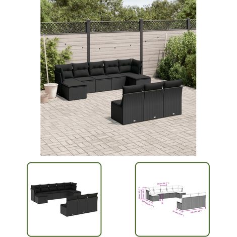 The Living Store 10-tlg. Garten-Sofagarnitur mit Kissen Schwarz Poly Rattan - Gartensofas - Outdoor Möbel - Lounge Set - Rattan Gartenmöbel - Gartenlounge (1/3)
