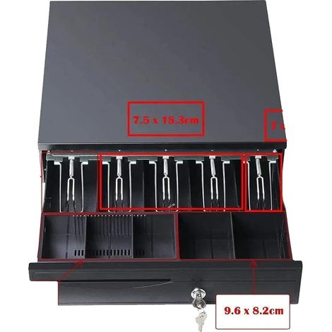 Cajón portamonedas, diseño del cajón, mecanismo de cierre con llave, color negro. (1/2)