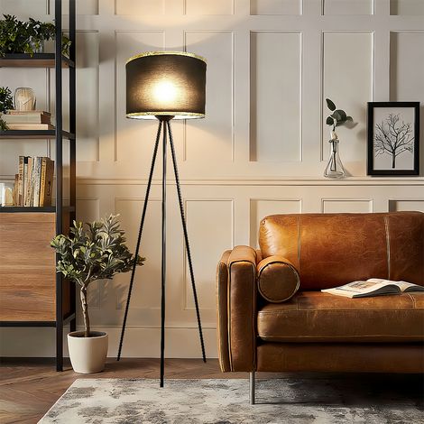 Elegante Tripod Stehlampe Schwarz-Gold 157cm – Designer Bodenlampe mit Stoffschirm & E27 für Wohnzimmer
