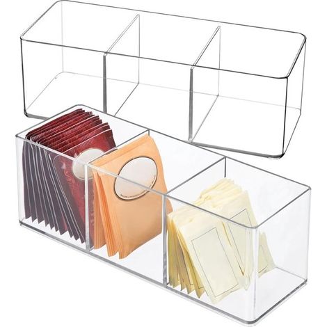 Caja de almacenamiento acrílica de 2 piezas,3 compartimentos,Organizador transparente para bolsitas de té,azúcar y edulcorantes (1/5)