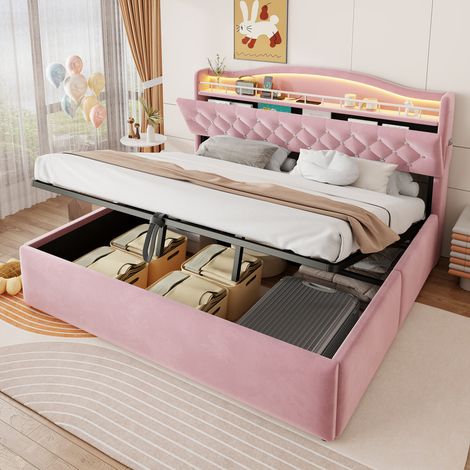 Lit enfant capitonné 180x200cm, lit coffre hydraulique, lit double, LED et port USB, tête de lit avec rangement, velours, rose (1/5)