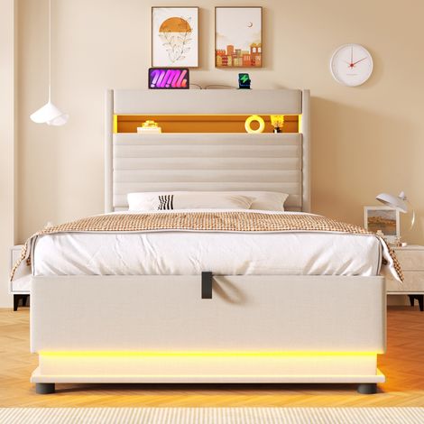 Lit parapluie 90x200cm avec rangement hydraulique, éclairage LED, chargeur USB-C, coffre relevable, sans matelas, commande par bouton/app, lin beige (1/5)