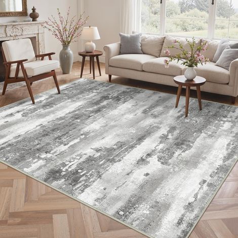 Tapis Salon Résumé 200x290cm Lavable en Machine Rug AntidéRapant Poil Ras, pour Chambre Salle a Manger Descente de Lit Bureau, Cuisine, Gris Argenté (1/5)
