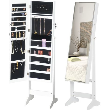 HOMCOM Lockable Jewellery Storage Mirror Armoire Freestanding Adjustable White