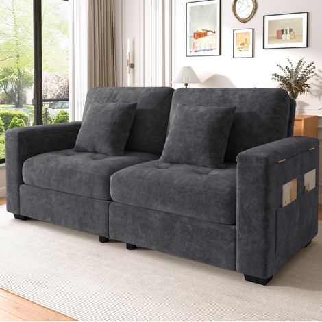 Canapé 2 places 180 cm gris foncé en chenille avec rangement dans les accoudoirs, poches latérales et 2 coussins (1/5)